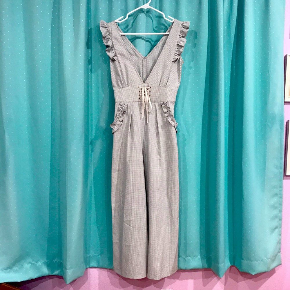 Secret Honey Gray Checker Ruffle Jumpsuit Wide leg
